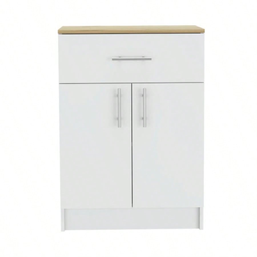 Pantry Organizer Cabinet 33 H, One Drawer, Two Interior Shelves, Two Doors, White/Light Oak