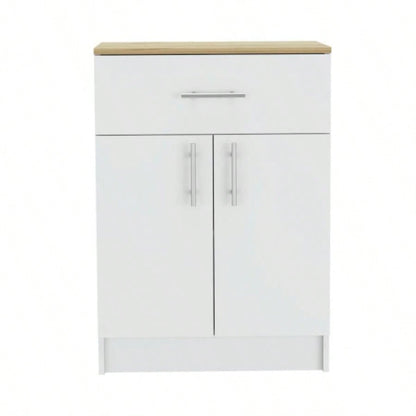 Pantry Organizer Cabinet 33 H, One Drawer, Two Interior Shelves, Two Doors, White/Light Oak