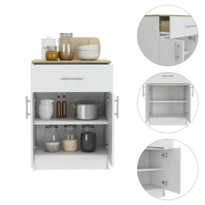 Pantry Organizer Cabinet 33 H, One Drawer, Two Interior Shelves, Two Doors, White/Light Oak