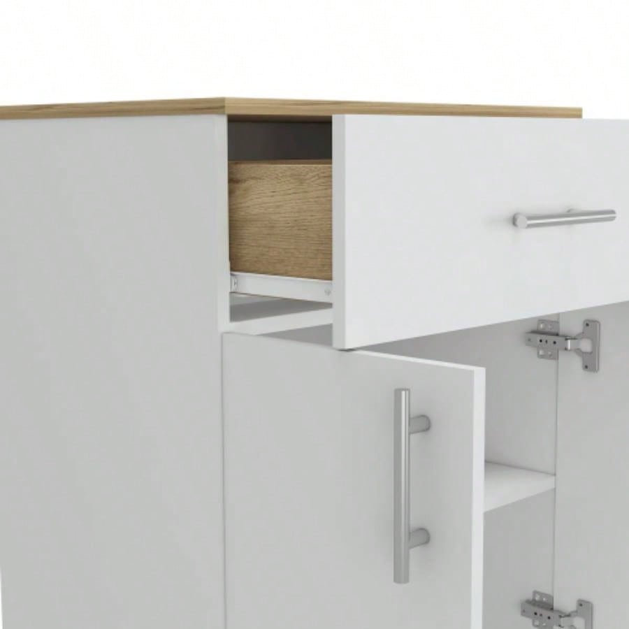 Pantry Organizer Cabinet 33 H, One Drawer, Two Interior Shelves, Two Doors, White/Light Oak