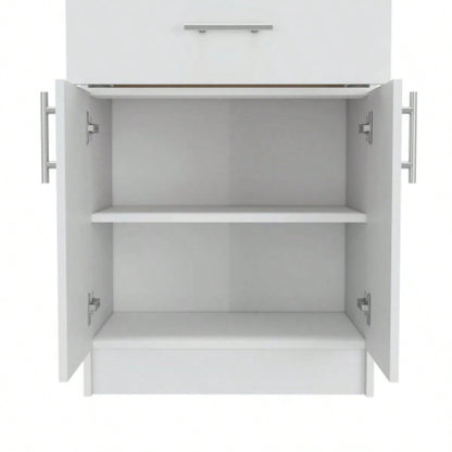 Pantry Organizer Cabinet 33 H, One Drawer, Two Interior Shelves, Two Doors, White/Light Oak