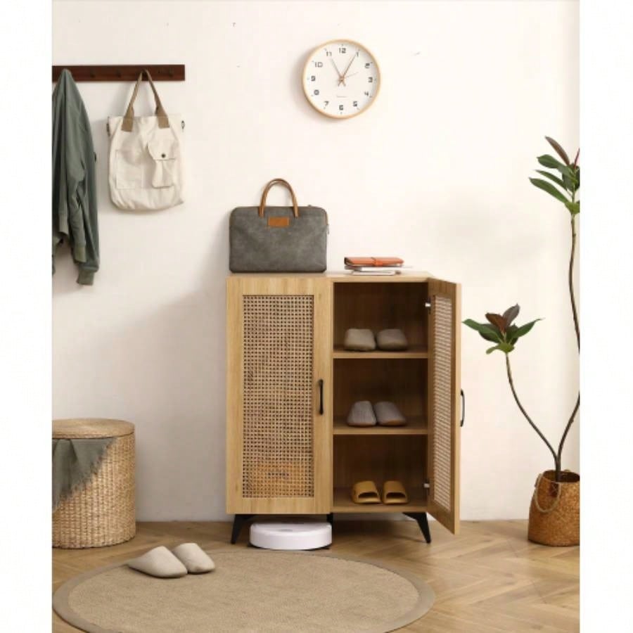 Natural Rattan Storage Cabinet Double - Door Shoe Cabinet with Large Storage Space and Durable Structure 29.5inch