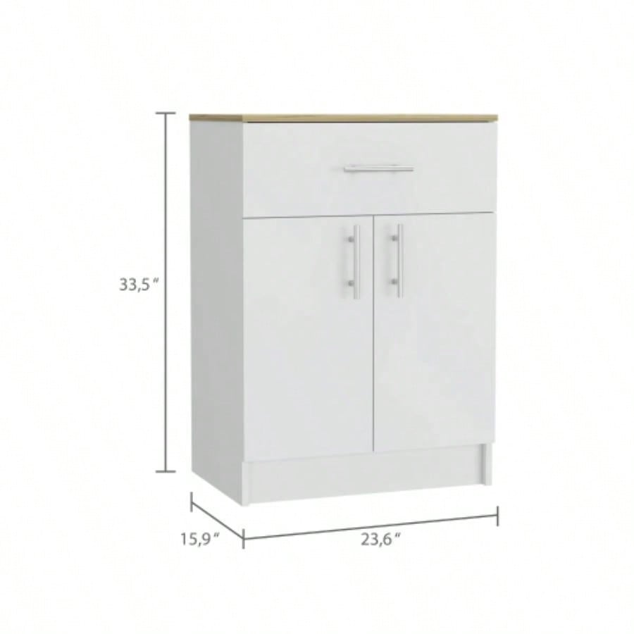 Pantry Organizer Cabinet 33 H, One Drawer, Two Interior Shelves, Two Doors, White/Light Oak