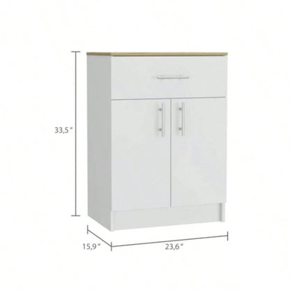 Pantry Organizer Cabinet 33 H, One Drawer, Two Interior Shelves, Two Doors, White/Light Oak