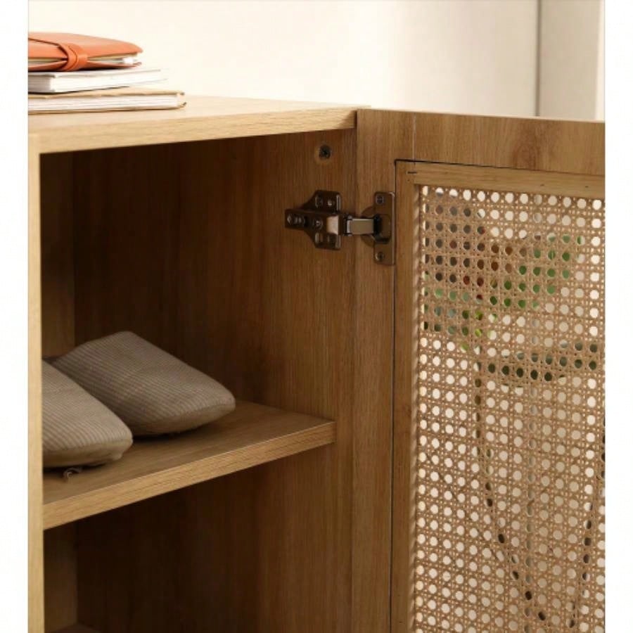 Natural Rattan Storage Cabinet Double - Door Shoe Cabinet with Large Storage Space and Durable Structure 29.5inch