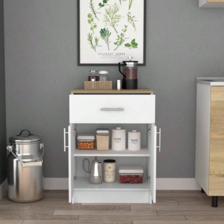 Pantry Organizer Cabinet 33 H, One Drawer, Two Interior Shelves, Two Doors, White/Light Oak