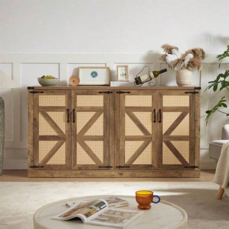 65 - Inch Rustic Oak Color Faux Rattan Sideboard, Barn Door Rustic Style Sideboard, Living Room, Entryway, Bedroom, Dining Room Four Door Storage Cabinet