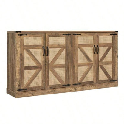 65 - Inch Rustic Oak Color Faux Rattan Sideboard, Barn Door Rustic Style Sideboard, Living Room, Entryway, Bedroom, Dining Room Four Door Storage Cabinet