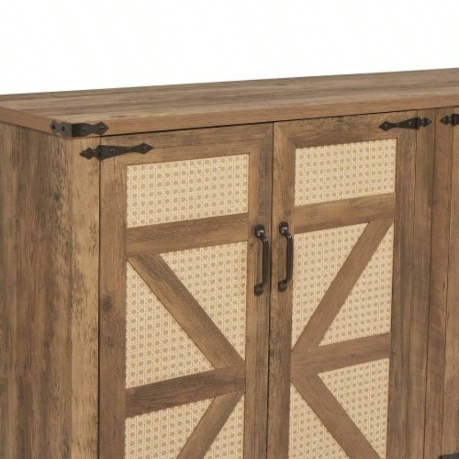65 - Inch Rustic Oak Color Faux Rattan Sideboard, Barn Door Rustic Style Sideboard, Living Room, Entryway, Bedroom, Dining Room Four Door Storage Cabinet