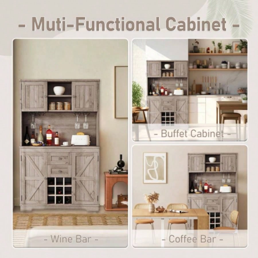 Coffee Bar Cabinet Kitchen Cabinet with Storage, Farmhouse Wine Cabinet with Drawers shelves and cabinets, Buffet Cabinet Wine Glass Racks Dining Room, Kitchen, Oak