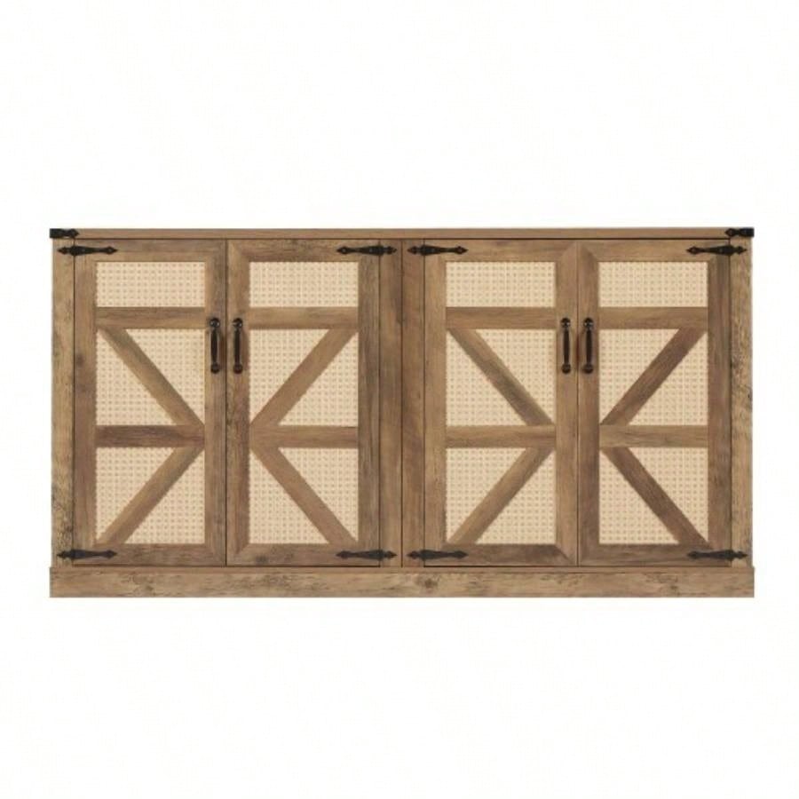 65 - Inch Rustic Oak Color Faux Rattan Sideboard, Barn Door Rustic Style Sideboard, Living Room, Entryway, Bedroom, Dining Room Four Door Storage Cabinet