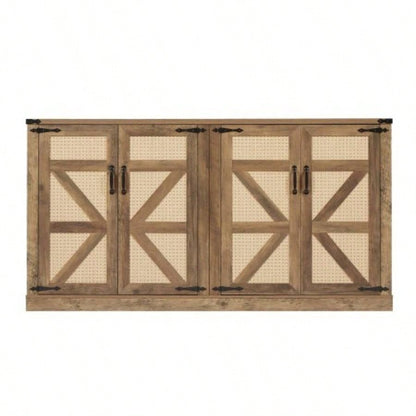 65 - Inch Rustic Oak Color Faux Rattan Sideboard, Barn Door Rustic Style Sideboard, Living Room, Entryway, Bedroom, Dining Room Four Door Storage Cabinet