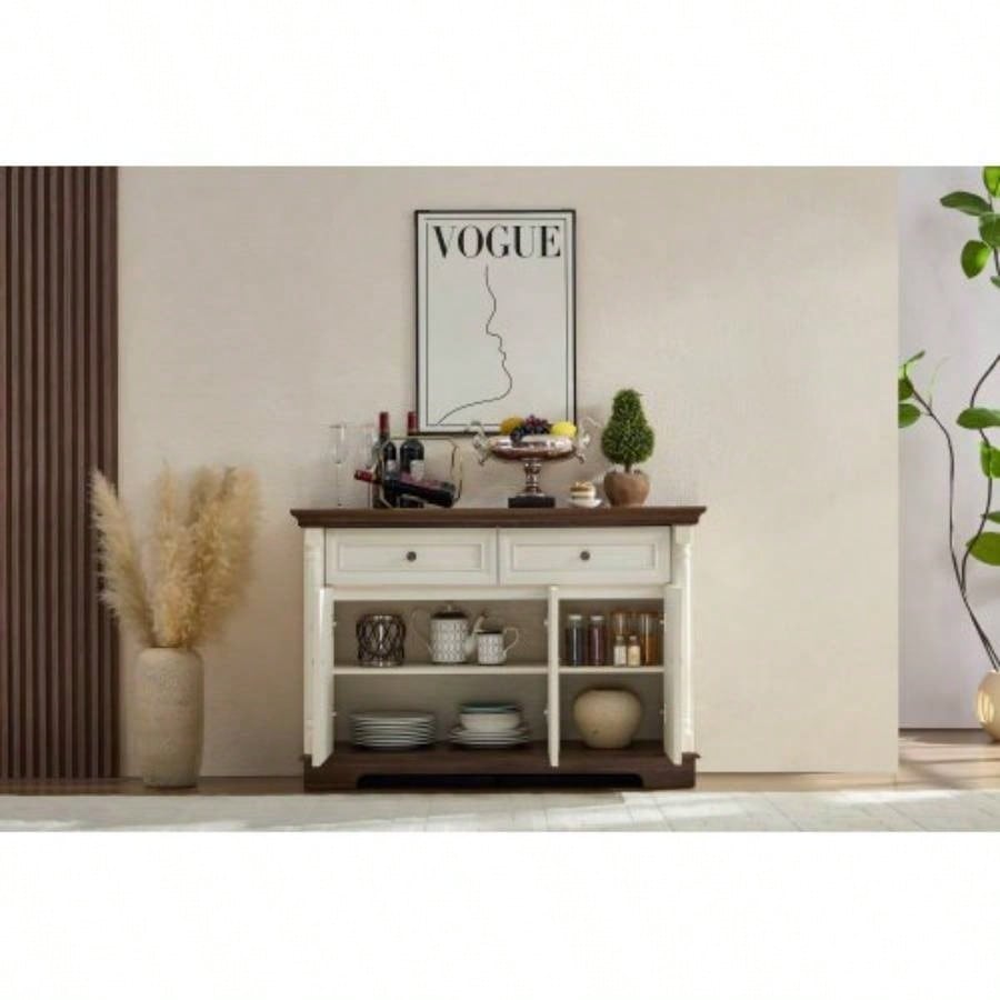 Farmhouse Style Kitchen Storage Cabinet, Large Wall Cabinet with Drawers and Doors in Roman Column Shape, Wooden Coffee Bar, Wine Cooler Living Room Hallway