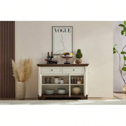 Farmhouse Style Kitchen Storage Cabinet, Large Wall Cabinet with Drawers and Doors in Roman Column Shape, Wooden Coffee Bar, Wine Cooler Living Room Hallway