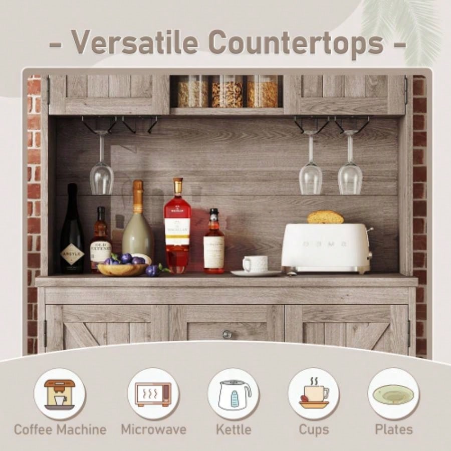 Coffee Bar Cabinet Kitchen Cabinet with Storage, Farmhouse Wine Cabinet with Drawers shelves and cabinets, Buffet Cabinet Wine Glass Racks Dining Room, Kitchen, Oak