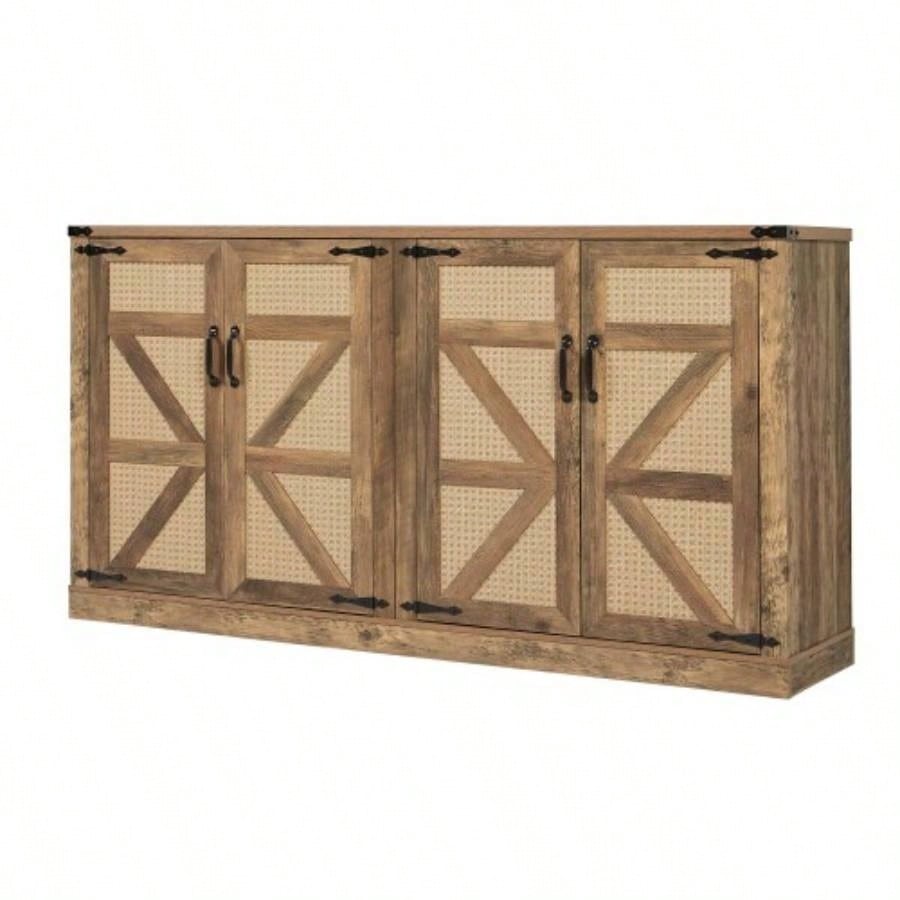 65 - Inch Rustic Oak Color Faux Rattan Sideboard, Barn Door Rustic Style Sideboard, Living Room, Entryway, Bedroom, Dining Room Four Door Storage Cabinet