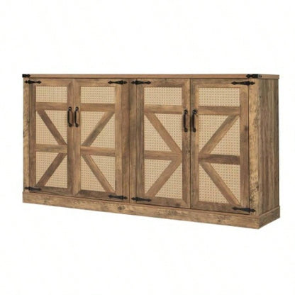 65 - Inch Rustic Oak Color Faux Rattan Sideboard, Barn Door Rustic Style Sideboard, Living Room, Entryway, Bedroom, Dining Room Four Door Storage Cabinet