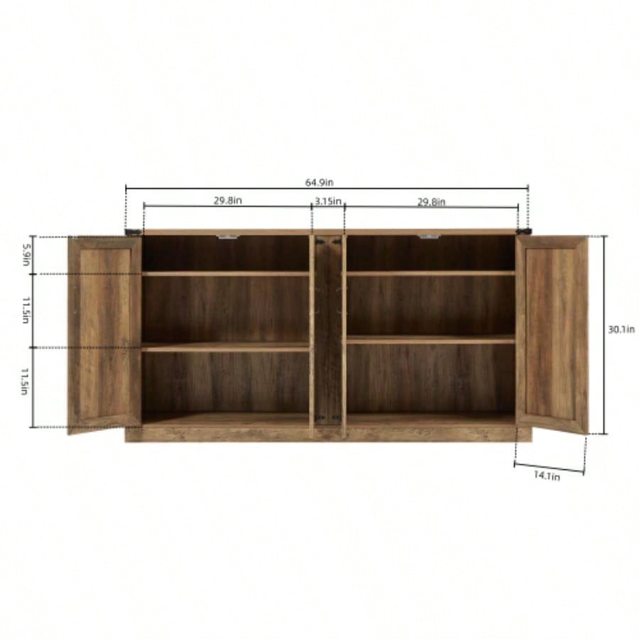 65 - Inch Rustic Oak Color Faux Rattan Sideboard, Barn Door Rustic Style Sideboard, Living Room, Entryway, Bedroom, Dining Room Four Door Storage Cabinet