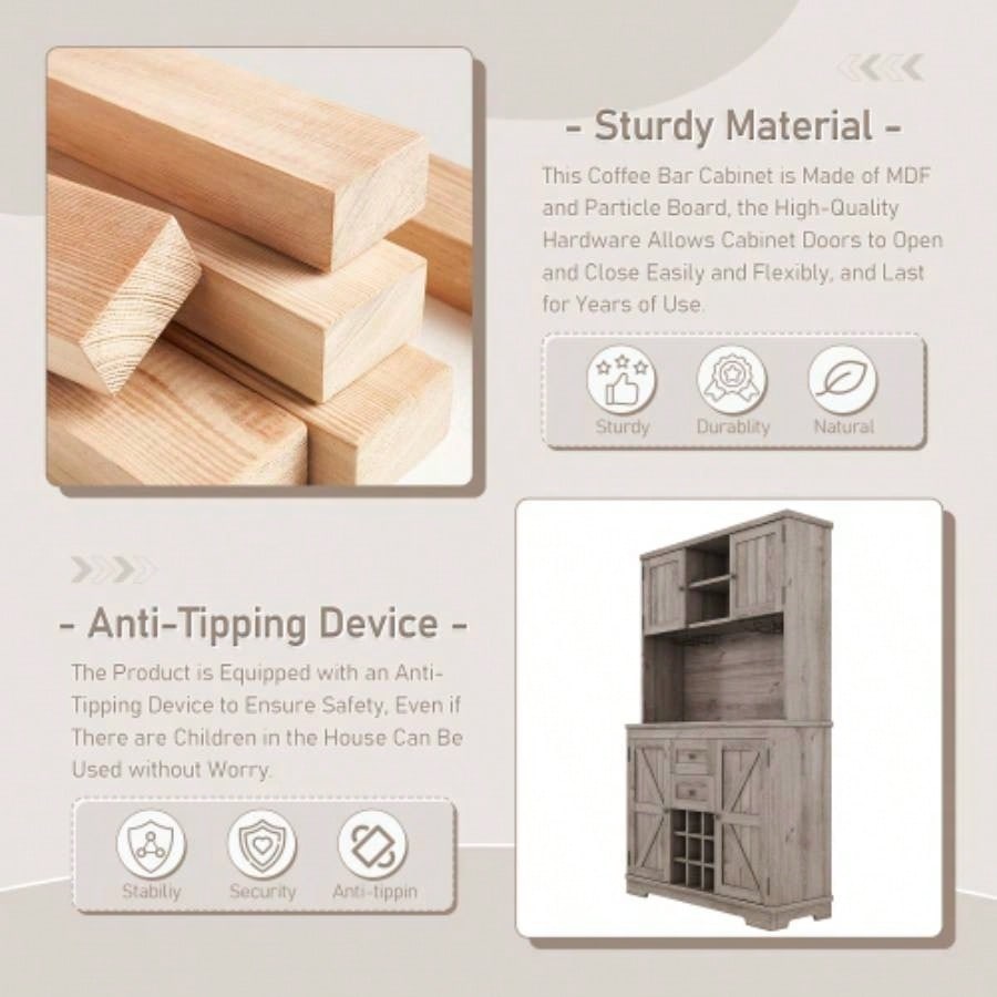 Coffee Bar Cabinet Kitchen Cabinet with Storage, Farmhouse Wine Cabinet with Drawers shelves and cabinets, Buffet Cabinet Wine Glass Racks Dining Room, Kitchen, Oak