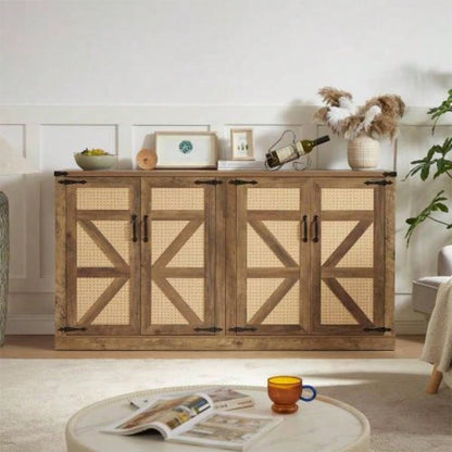 65 - Inch Rustic Oak Color Faux Rattan Sideboard, Barn Door Rustic Style Sideboard, Living Room, Entryway, Bedroom, Dining Room Four Door Storage Cabinet