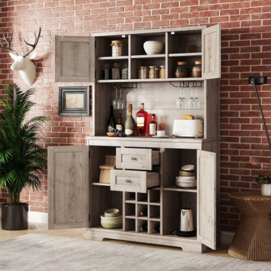 Coffee Bar Cabinet Kitchen Cabinet with Storage, Farmhouse Wine Cabinet with Drawers shelves and cabinets, Buffet Cabinet Wine Glass Racks Dining Room, Kitchen, Oak