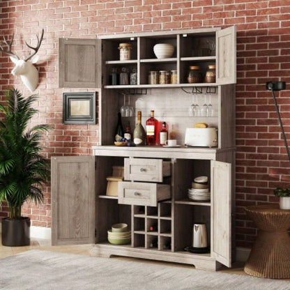 Coffee Bar Cabinet Kitchen Cabinet with Storage, Farmhouse Wine Cabinet with Drawers shelves and cabinets, Buffet Cabinet Wine Glass Racks Dining Room, Kitchen, Oak
