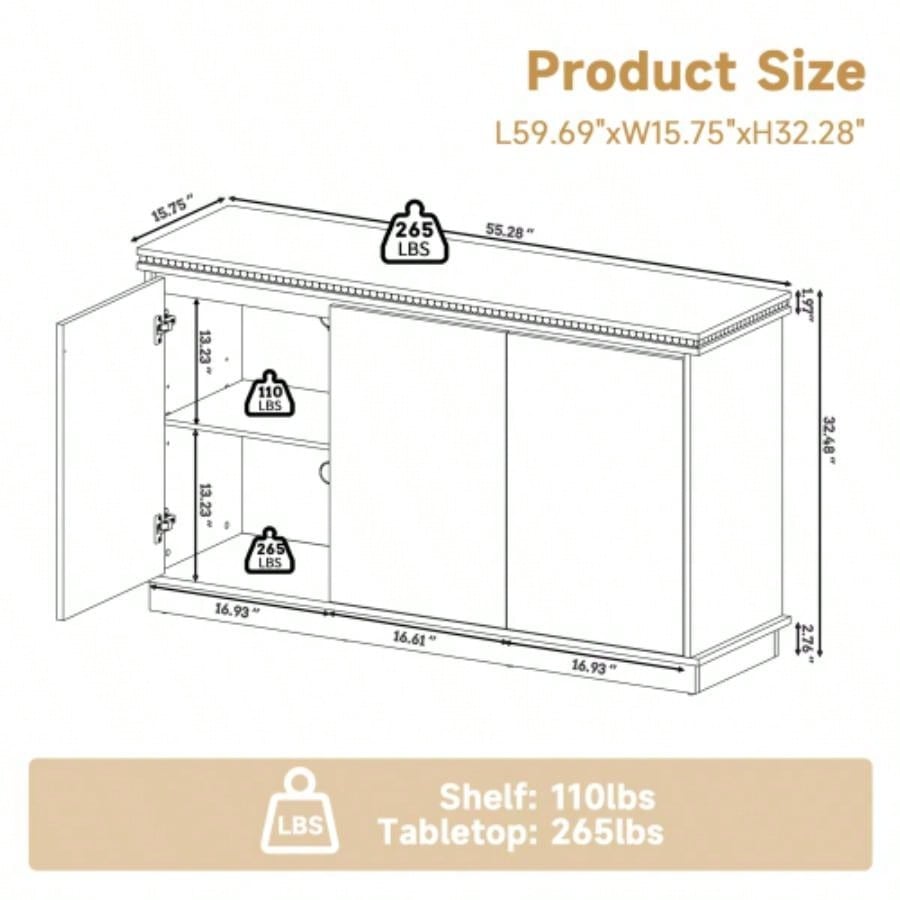 Classic Wooden Sideboard with Beaded Trim - Elegant Storage Cabinet Dining or Living Room