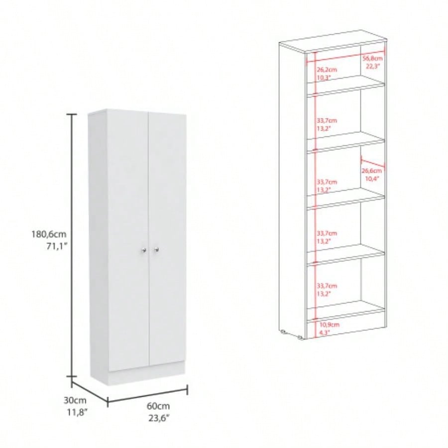 Multistorage Pantry Cabinet, Five Shelves, Double Door Cabinet - White