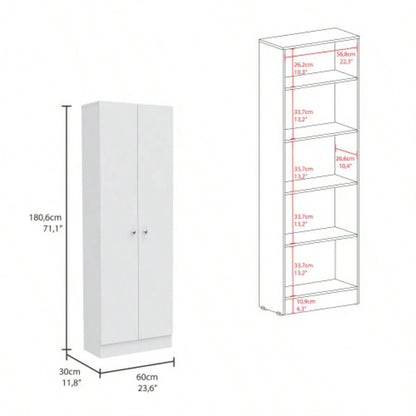 Multistorage Pantry Cabinet, Five Shelves, Double Door Cabinet - White