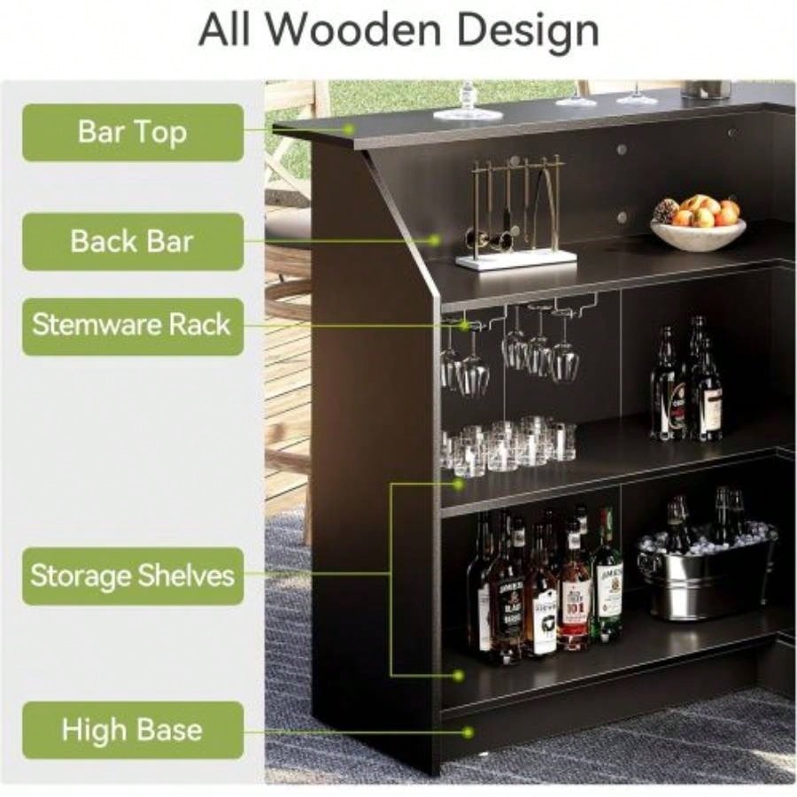 51.2 L - Shaped Home Bar Cabinet with Stemware Racks, 4 - Tier Corner Bar Unit, Modern Liquor Wine Bar Table Reception Desk Home Pub, Black