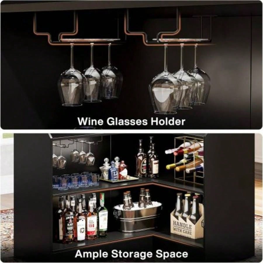 51.2 L - Shaped Home Bar Cabinet with Stemware Racks, 4 - Tier Corner Bar Unit, Modern Liquor Wine Bar Table Reception Desk Home Pub, Black