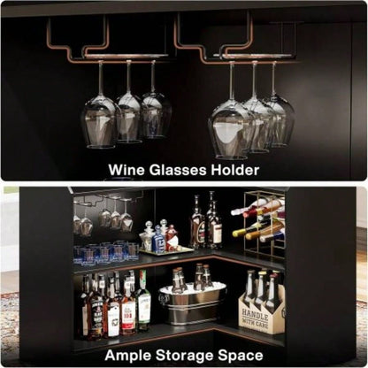 51.2 L - Shaped Home Bar Cabinet with Stemware Racks, 4 - Tier Corner Bar Unit, Modern Liquor Wine Bar Table Reception Desk Home Pub, Black