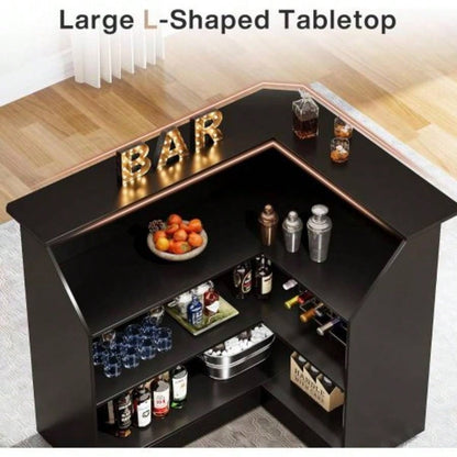 51.2 L - Shaped Home Bar Cabinet with Stemware Racks, 4 - Tier Corner Bar Unit, Modern Liquor Wine Bar Table Reception Desk Home Pub, Black