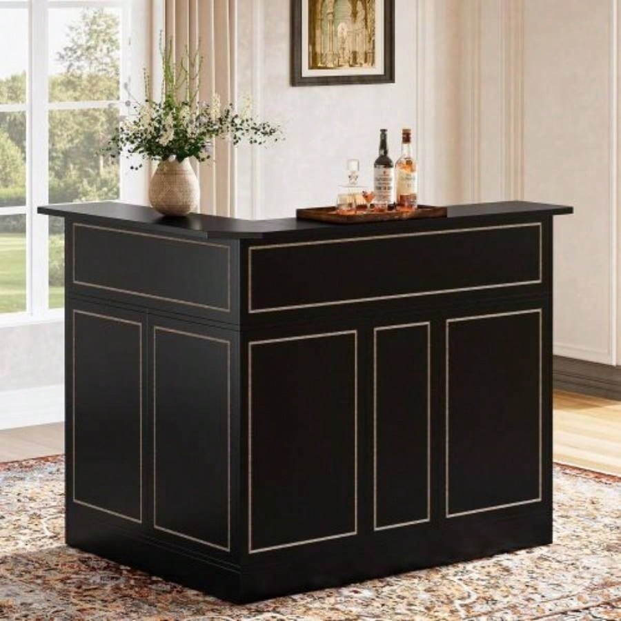 51.2 L - Shaped Home Bar Cabinet with Stemware Racks, 4 - Tier Corner Bar Unit, Modern Liquor Wine Bar Table Reception Desk Home Pub, Black