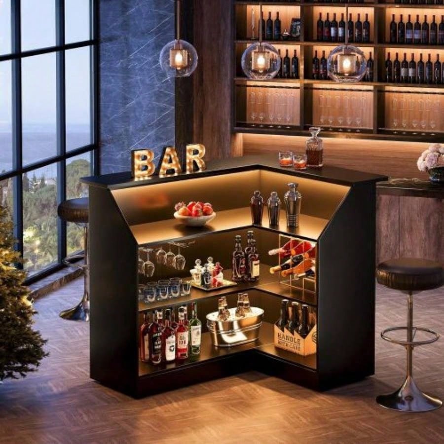51.2 L - Shaped Home Bar Cabinet with Stemware Racks, 4 - Tier Corner Bar Unit, Modern Liquor Wine Bar Table Reception Desk Home Pub, Black
