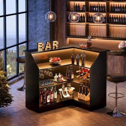 51.2 L - Shaped Home Bar Cabinet with Stemware Racks, 4 - Tier Corner Bar Unit, Modern Liquor Wine Bar Table Reception Desk Home Pub, Black