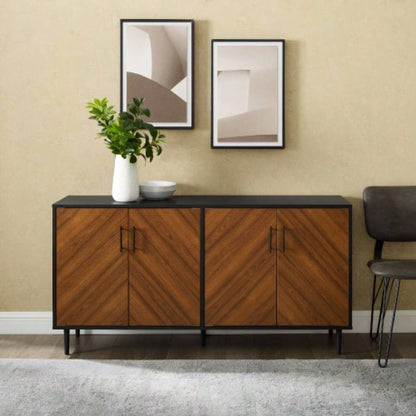 Mid - Modern Faux - Bookmatch Door Buffet - Acorn Bookmatch/ Solid Black