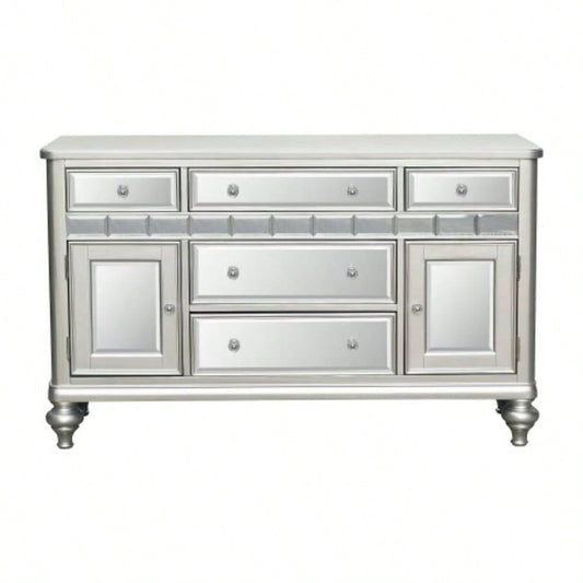 Sparkling Silver Mirrored 1pc Server of 5x Drawers 2x Cabinets Ultra - Modern Style Dining Room