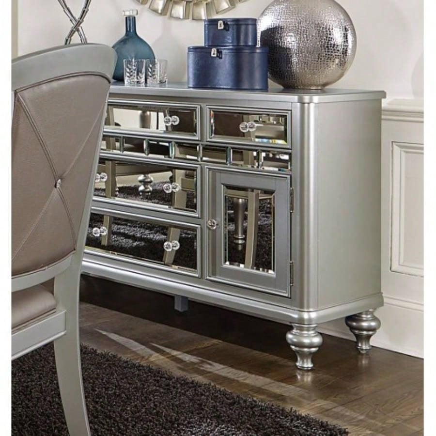Sparkling Silver Mirrored 1pc Server of 5x Drawers 2x Cabinets Ultra - Modern Style Dining Room