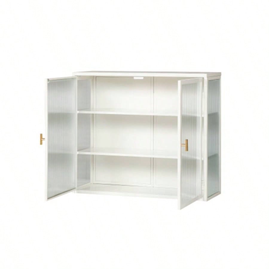 27.56Glass Doors Modern Two - door Wall Cabinet with Featuring Three - tier Storage Entryway Living Room Bathroom Dining Room, White