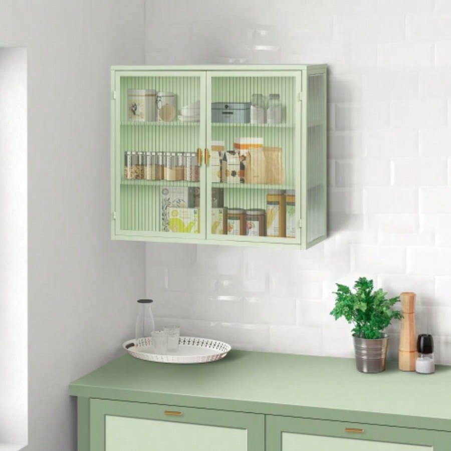 27.56Glass Doors Modern Two - door Wall Cabinet with Featuring Three - tier Storage Entryway Living Room Bathroom Dining Room, Mint Green