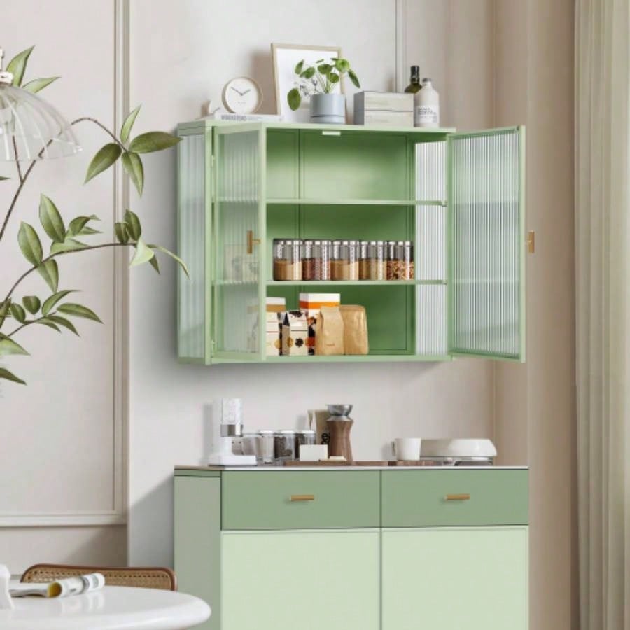27.56Glass Doors Modern Two - door Wall Cabinet with Featuring Three - tier Storage Entryway Living Room Bathroom Dining Room, Mint Green