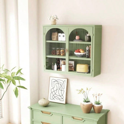 27.56Glass Doors Modern Two - door Wall Cabinet with Featuring Three - tier Storage Entryway Living Room Bathroom Dining Room, Wall Cabinet with Characteristic Woven Pattern, Green