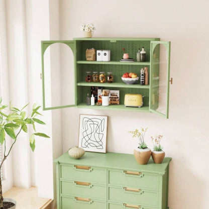 27.56Glass Doors Modern Two - door Wall Cabinet with Featuring Three - tier Storage Entryway Living Room Bathroom Dining Room, Wall Cabinet with Characteristic Woven Pattern, Green