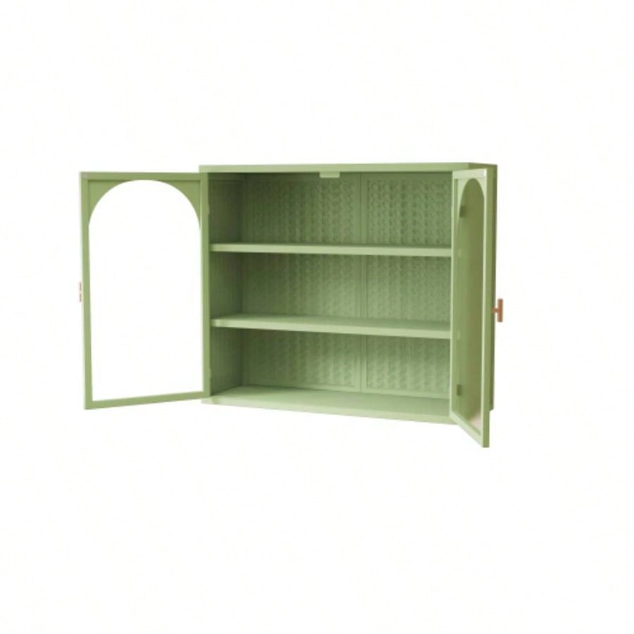 27.56Glass Doors Modern Two - door Wall Cabinet with Featuring Three - tier Storage Entryway Living Room Bathroom Dining Room, Wall Cabinet with Characteristic Woven Pattern, Green