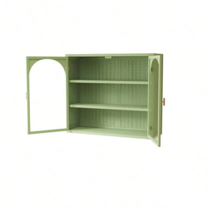 27.56Glass Doors Modern Two - door Wall Cabinet with Featuring Three - tier Storage Entryway Living Room Bathroom Dining Room, Wall Cabinet with Characteristic Woven Pattern, Green