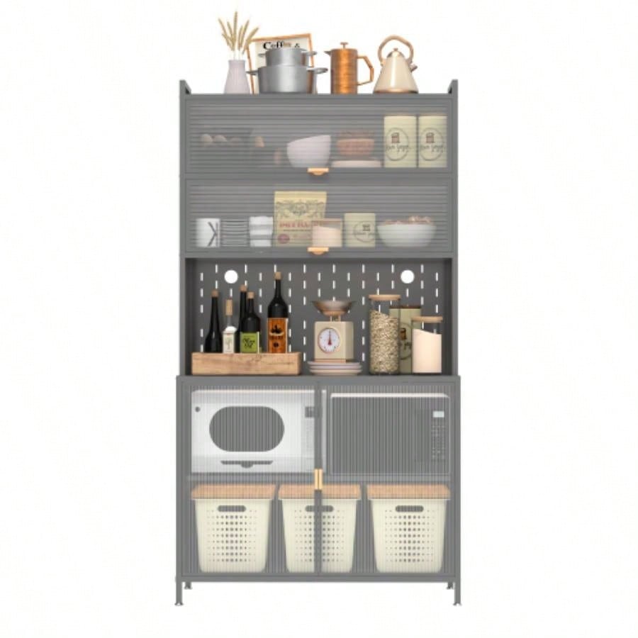 73 Tall Kitchen Pantry Cabinet, 6 Level Flip Door with Pegboard Spacious, Adjustable Stylish Metal Pantry Storage Cabinet, Anti - Tip Design Hutch Kitchen, Dining Room, Living Room