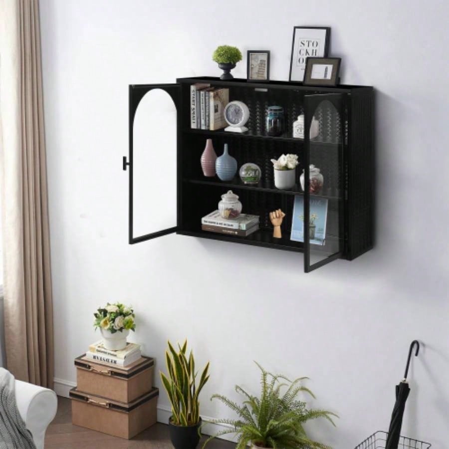 27.56Glass Doors Modern Two - door Wall Cabinet with Featuring Three - tier Storage Entryway Living Room Bathroom Dining Room, Wall Cabinet with Characteristic Woven Pattern, Black