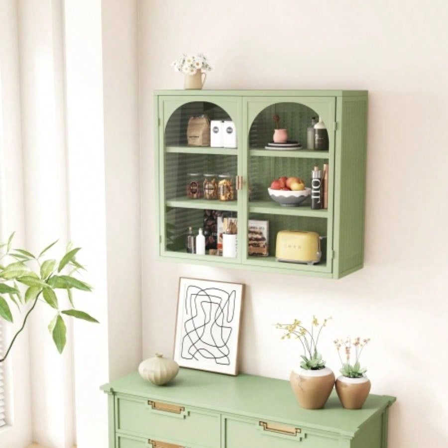 27.56Glass Doors Modern Two - door Wall Cabinet with Featuring Three - tier Storage Entryway Living Room Bathroom Dining Room, Wall Cabinet with Characteristic Woven Pattern, Green