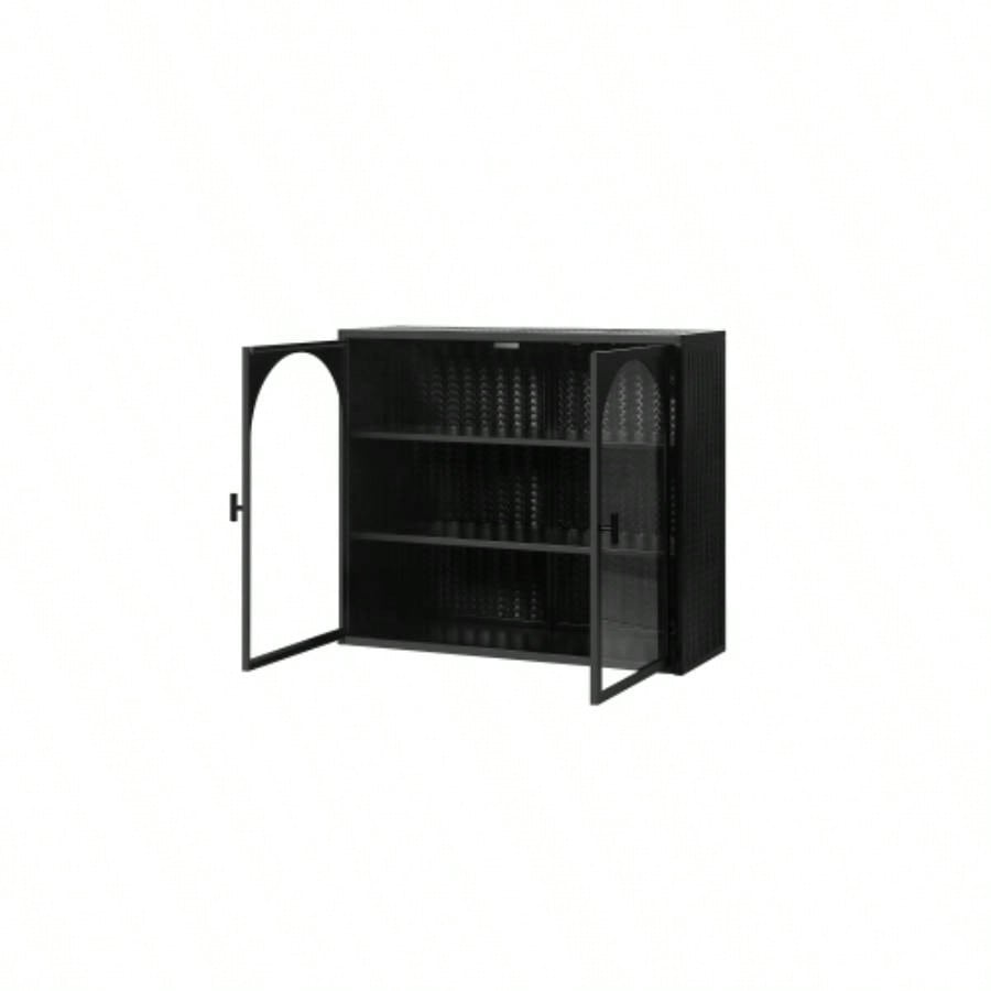 27.56Glass Doors Modern Two - door Wall Cabinet with Featuring Three - tier Storage Entryway Living Room Bathroom Dining Room, Wall Cabinet with Characteristic Woven Pattern, Black